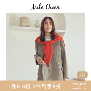 西装 Mila 格纹翻领金扣长款 经典 外套09WFJ254137 Owen25秋冬新品