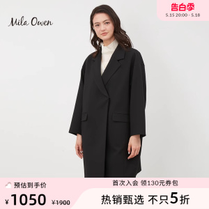 Mila Owen 2023秋季新款黑色简约直筒中长茧型大衣女09WFC234128