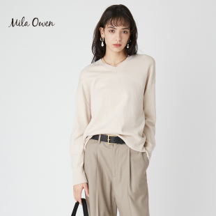 09WNT231077 针织衫 Mila Owen秋冬简约百搭纯色V领落肩宽松薄款