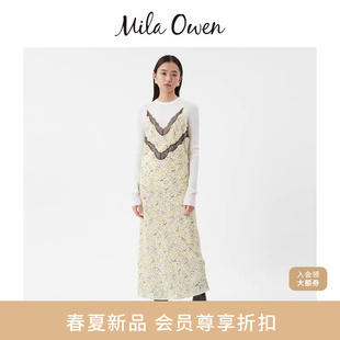 Mila 复古印花蕾丝透视半喇吊带连衣裙09WFO261948 Owen26春夏新品