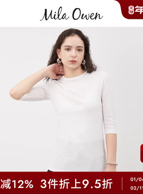 Mila Owen春夏休闲百搭修身微透圆领七分袖上衣09WCT242022