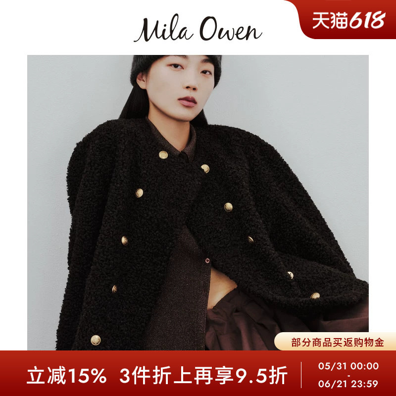 Mila Owen秋冬优雅羊羔毛双排扣短款无领外套09WFJ255028
