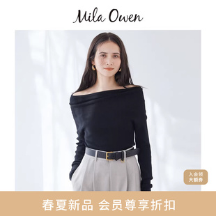 Mila 时尚 优雅大翻领一字露肩针织衫 09WNT261018 Owen26春夏新品