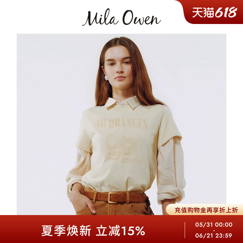 Mila Owen26春夏新品百搭食物印花做旧纯棉短袖T恤09WCT261023