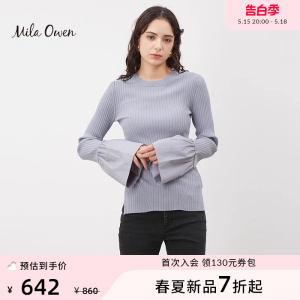 Mila Owen  2023冬新款纯色喇叭袖圆领针织打底衫女09WNT241936