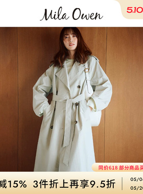 Mila Owen春夏休闲气质双排扣系带长款翻领风衣09WFC241003