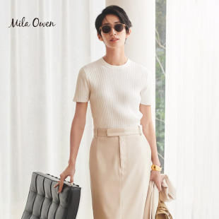 针织T恤09WNT232001 罗纹短袖 Mila Owen春夏简约基础圆领纯色修身