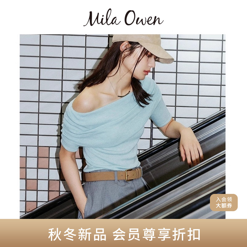 MilaOwen一字肩翻领短袖针织衫