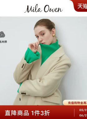 Mila Owen秋冬通勤气质双排扣翻领羊毛呢西装大衣外套09WFC235307