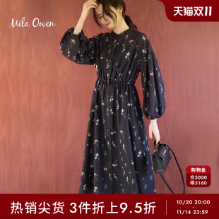 Mila Owen秋冬日系优雅圆领抽褶束腰印花连衣裙09WFO234094