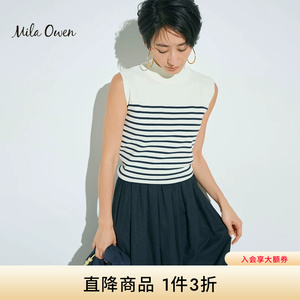 Mila Owen春夏气质圆领无袖棉针织拼接亚麻连衣裙09WNO232095