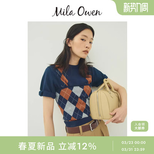 针织衫 Mila 优雅菱格纹宽松短袖 时尚 09WNT261124 Owen26春夏新品
