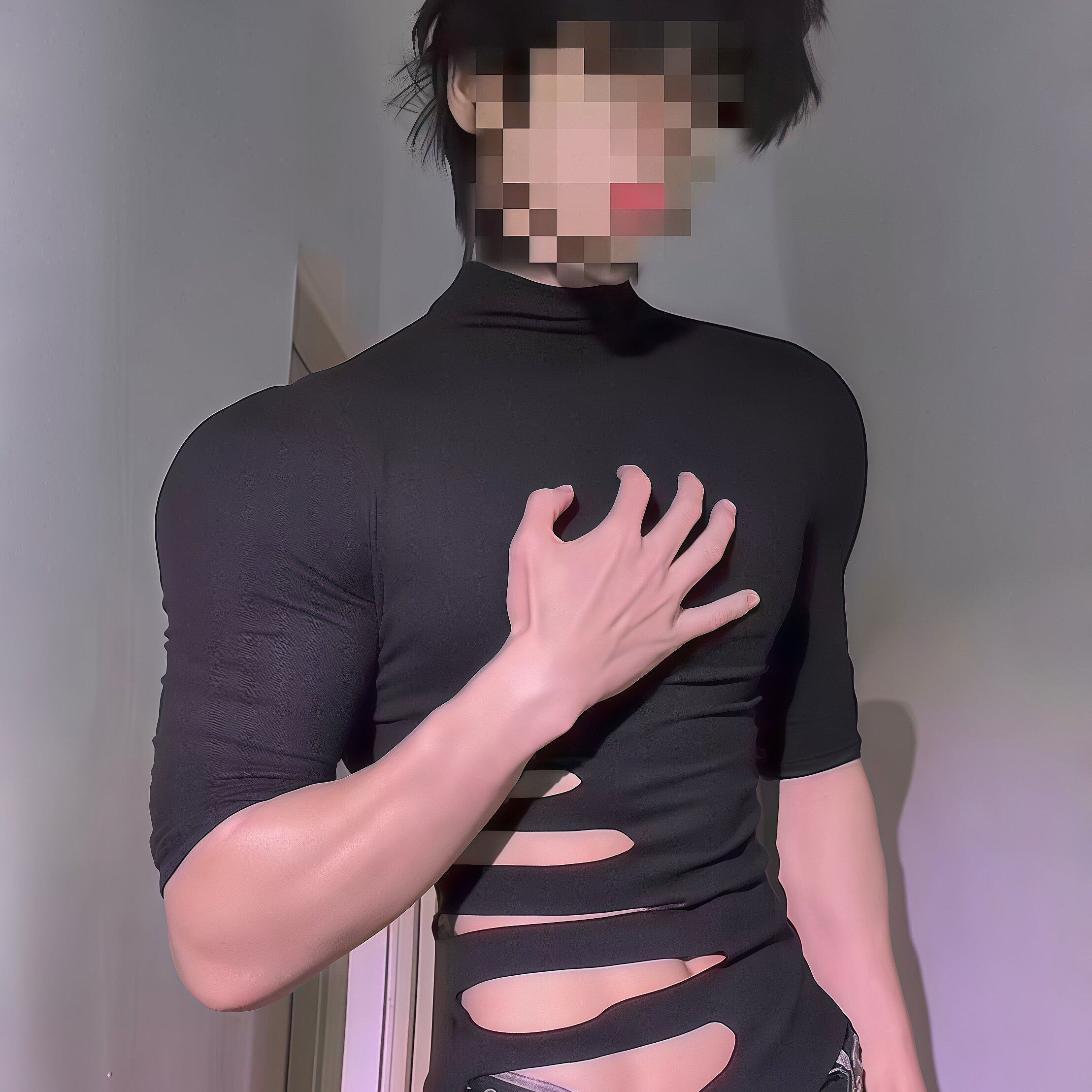 男士侧腰镂空上衣黑色禁欲系透视腹肌健身衣性张力性感肌肉紧身衣