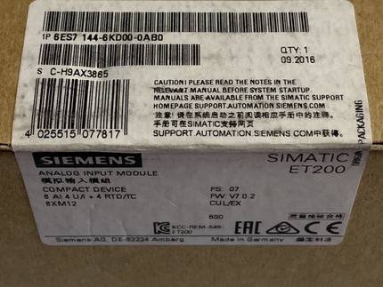 1P6ES7144-6KD00-0AB0原装正品8AI4 U/I4 RTD/TC6ES71446KD000AB0