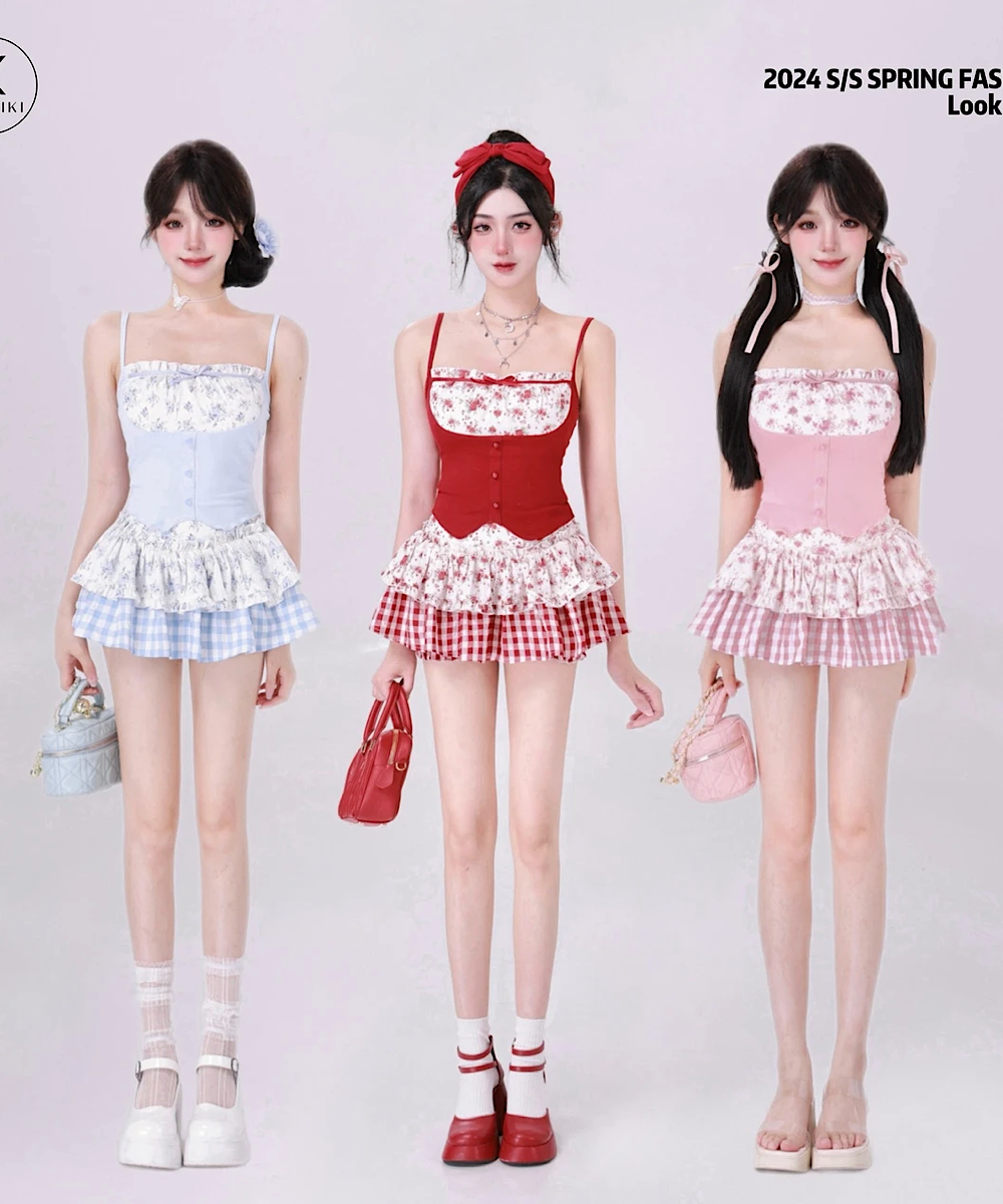 碎花拼接重工A字裙短裙JOYKIKI