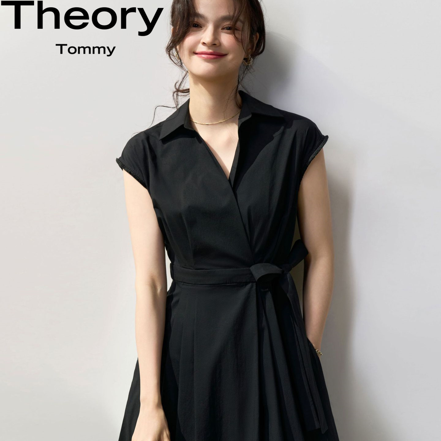 Theory Tommy25夏优雅气质对称压褶立裁收腰系带显瘦棉衬衫连衣裙
