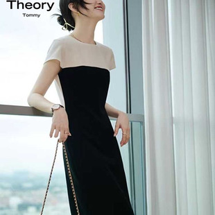 Theory Tommy黑白拼色醋酸连衣裙夏季气质显瘦中长款小个子A字裙