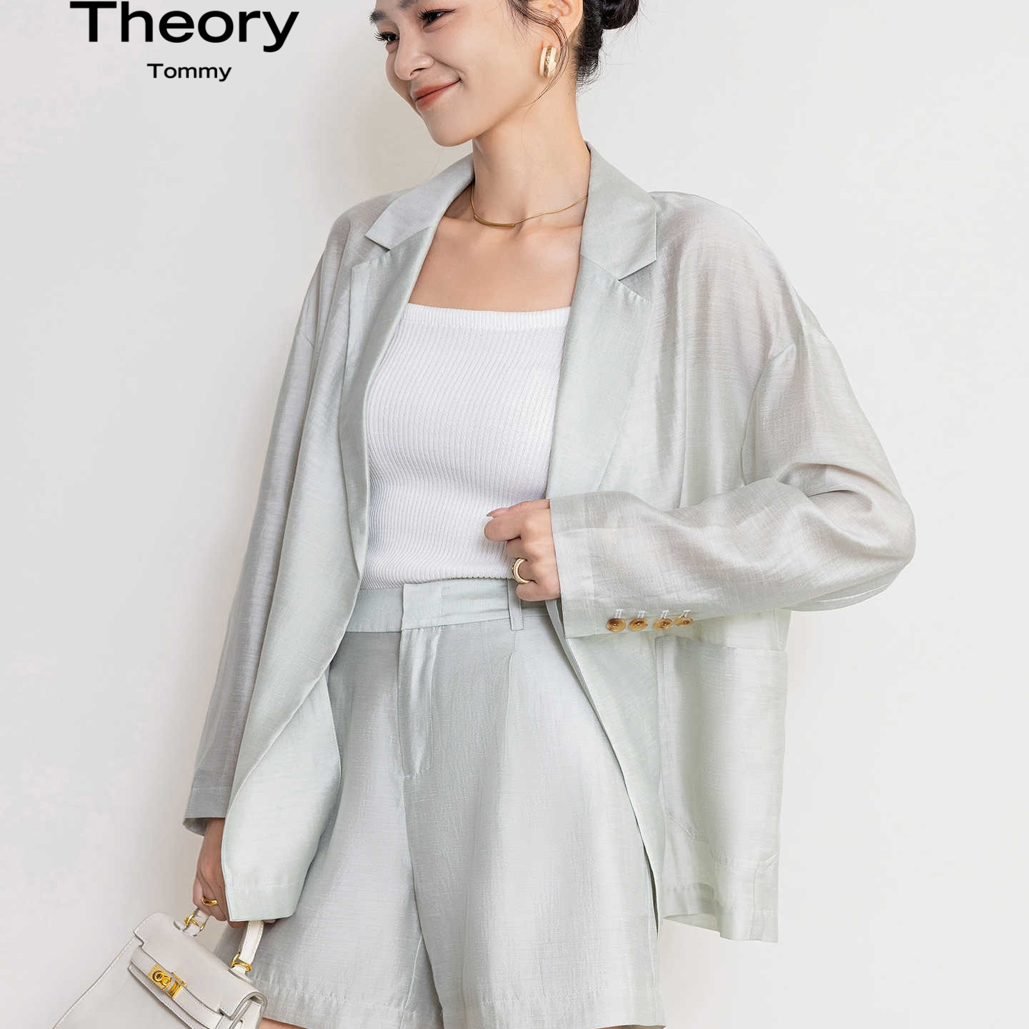 Theory Tommy夏季亚麻天丝轻薄透气三醋酸西装防晒衫+薄荷绿套装