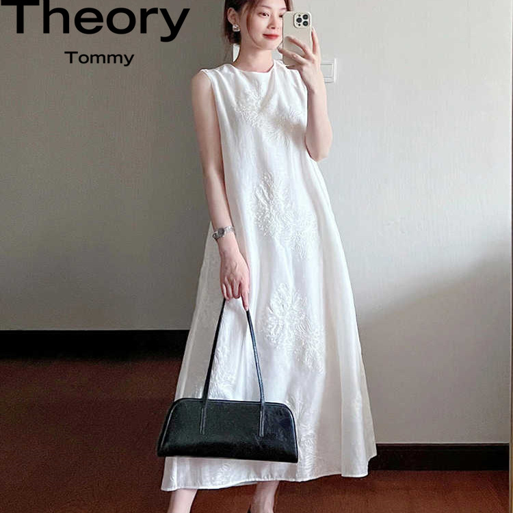 Theory Tommy白色新中式国风重工刺绣亚麻连衣裙高级感无袖背心裙