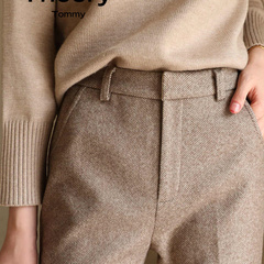 Theory Tommy25春款韩版宽松小脚裤人字纹毛呢九分裤女直筒烟管裤