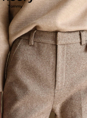 Theory Tommy25春款韩版宽松小脚裤人字纹毛呢九分裤女直筒烟管裤