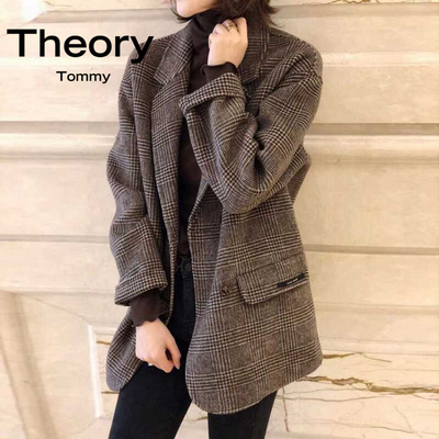Theory Tommy2025秋冬款格子纹西装宽松羊毛呢双面羊绒大衣外套女