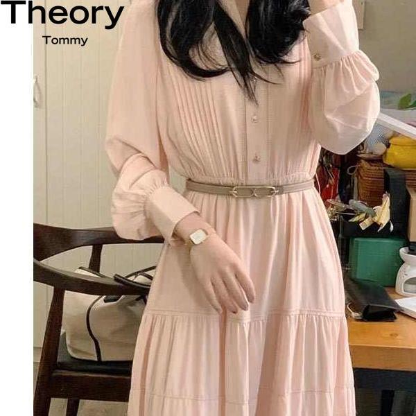Theory Tommy春2025新款法式高级感气质长裙子粉色长袖衬衫连衣裙