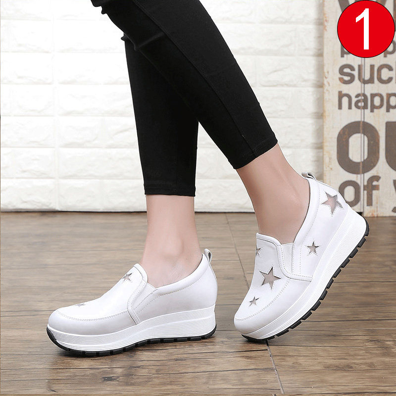 星星小白鞋女2019夏款透气网坡跟内增高百搭真皮厚底一脚蹬松糕鞋