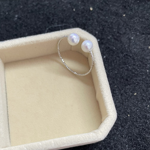 诸暨天然淡水小珍珠双珠戒指 白色极强光圆形珍珠戒指弹力可调节