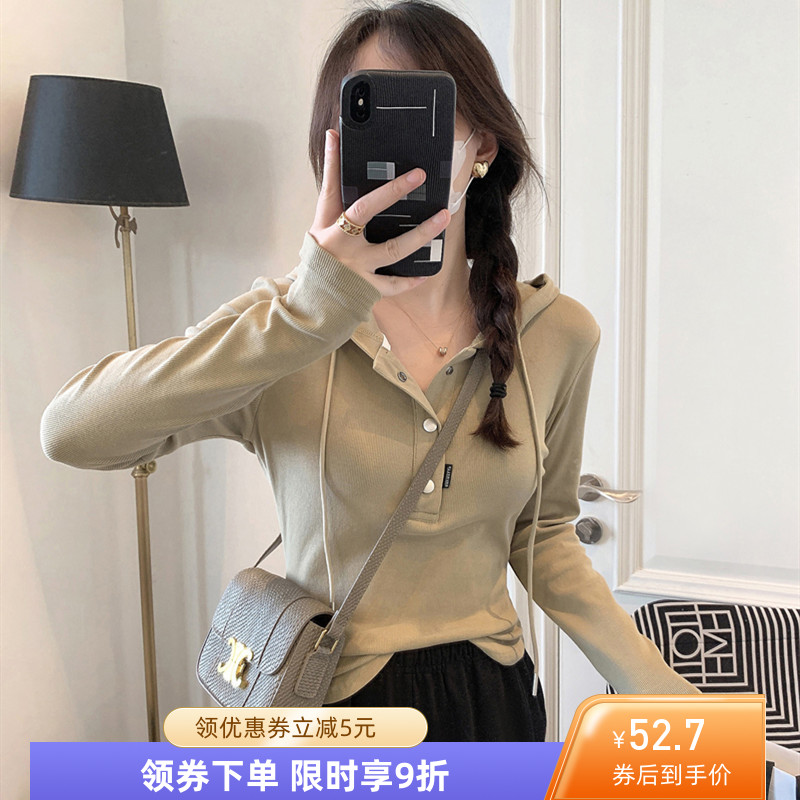 连帽长袖t恤女2025春秋新款韩版修身显瘦短款上衣打底衫ins潮卫衣