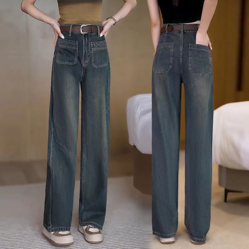 直筒牛仔裤女2025春秋新款高腰美式复古港风宽松显瘦窄版阔腿