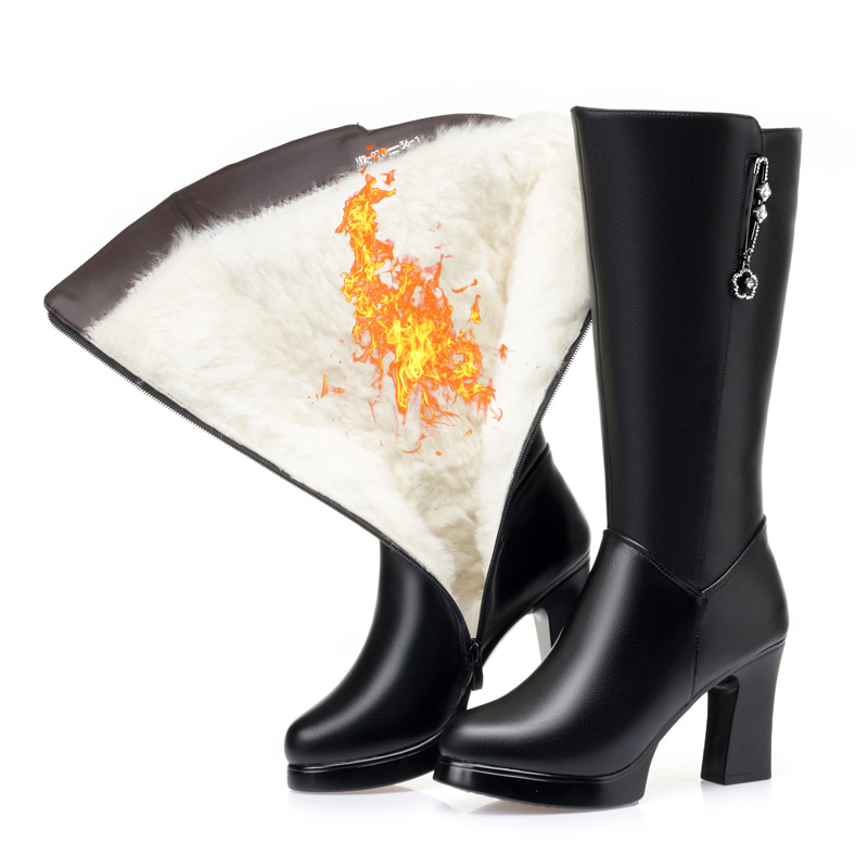 冬季新款软皮高筒靴长靴女加绒羊毛粗高跟棉靴骑士靴小个子长筒靴