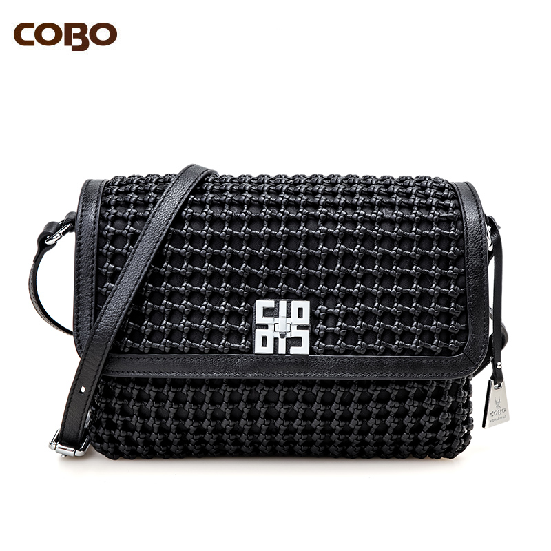 COBO/蔻尔宝头层牛皮手工编织单肩斜挎时尚休闲包