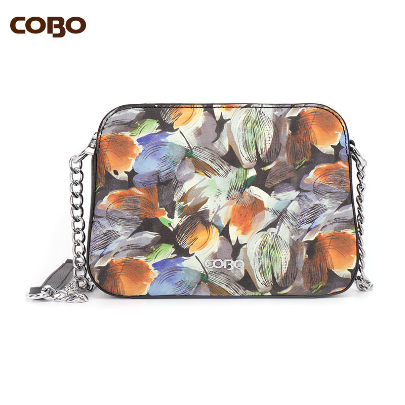 COBO/羚羊头层牛皮女包时尚印花单肩斜挎包贝壳包链条包2020新品