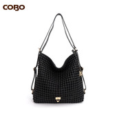 头层牛皮手工编织单肩手提包时尚 COBO 羚羊真皮女包 大容量双肩包