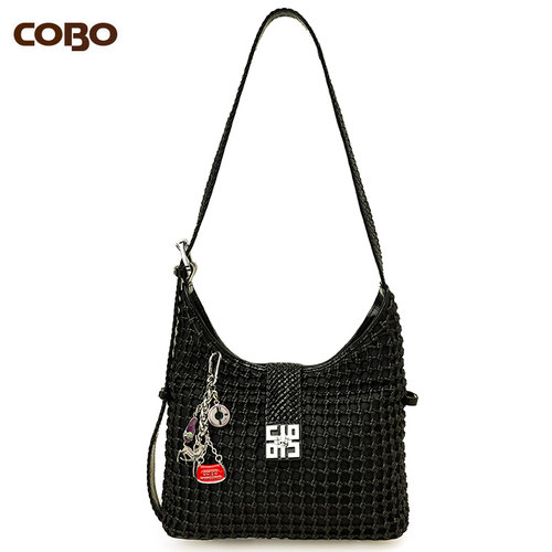 COBO/蔻尔宝头层牛皮时尚单肩手提斜挎包手工编织女包