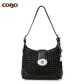 COBO 休闲单肩包女 时尚 羚羊头层牛皮女包 真皮手工编织手提包