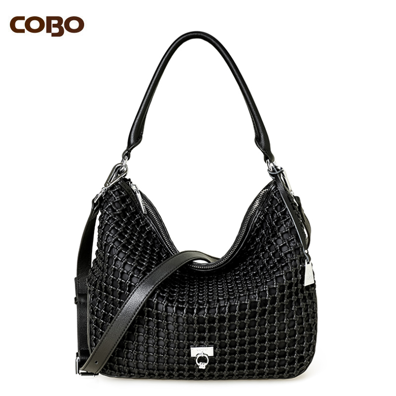 COBO/蔻尔宝2025春夏新款头层牛皮手工编织简约时尚单肩斜挎女包
