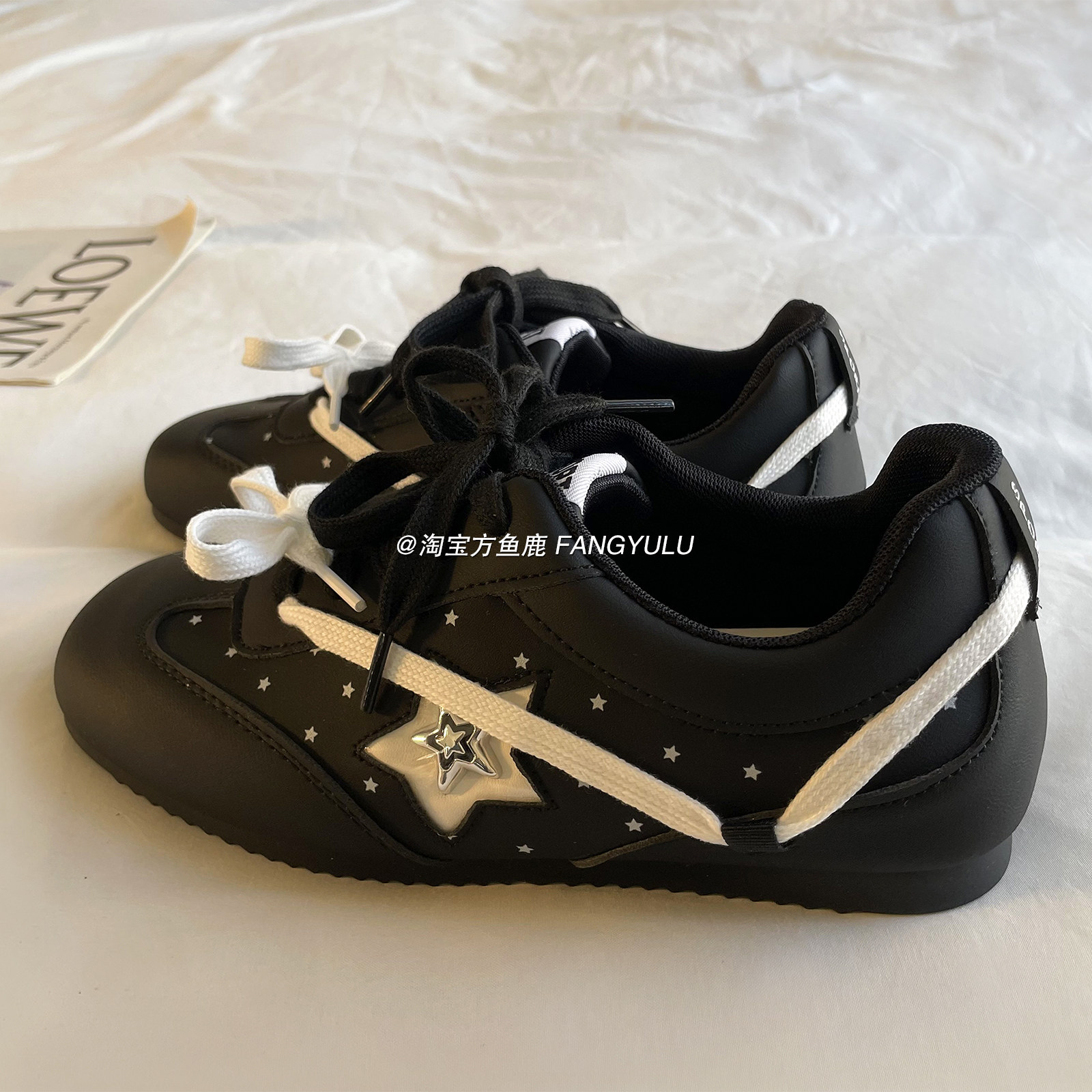 方鱼鹿 ins韩系黑色软底德训鞋女2026春季百搭chic配裙子运动板鞋,女鞋,德训鞋,淘宝优惠券,粉丝福利购,淘宝优惠卷