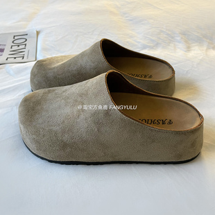 森女一脚蹬懒人包头拖鞋 女2025新款 ins 磨砂皮厚底勃肯拖鞋 方鱼鹿