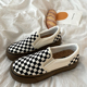 焦糖色格子帆布鞋 女2023夏季 厚底韩版 方鱼鹿 百搭INS一脚蹬懒人鞋