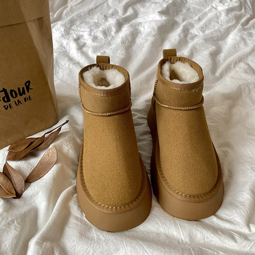 方鱼鹿加绒保暖厚底雪地靴