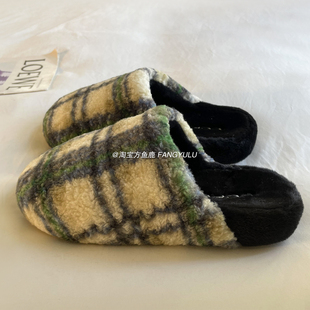 方鱼鹿 毛毡格子条纹棉拖鞋女2025秋冬舒适保暖情侣居家包头拖鞋