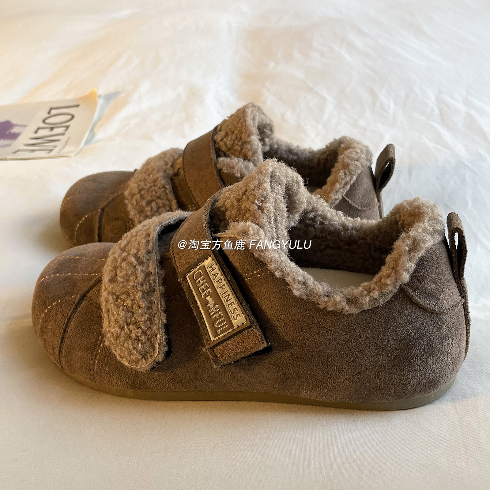 方鱼鹿 磨砂皮加绒保暖板鞋女2025冬季百搭chic魔术贴学生棉鞋子