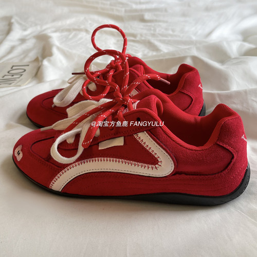 方鱼鹿 ins韩系苹果赛车鞋女2025年新款复古百搭红色阿甘德训鞋潮