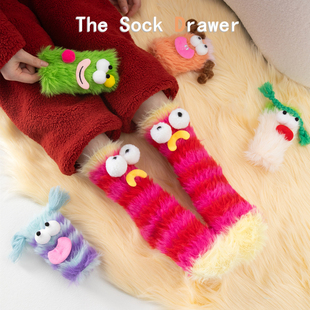 红色条纹堆堆袜女秋冬加厚保暖居家睡眠地板袜卡通丑萌搞怪中筒袜