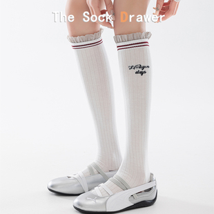 白色花边微压小腿袜条纹二杠女生长筒袜春秋季 竖纹显瘦配芭蕾鞋