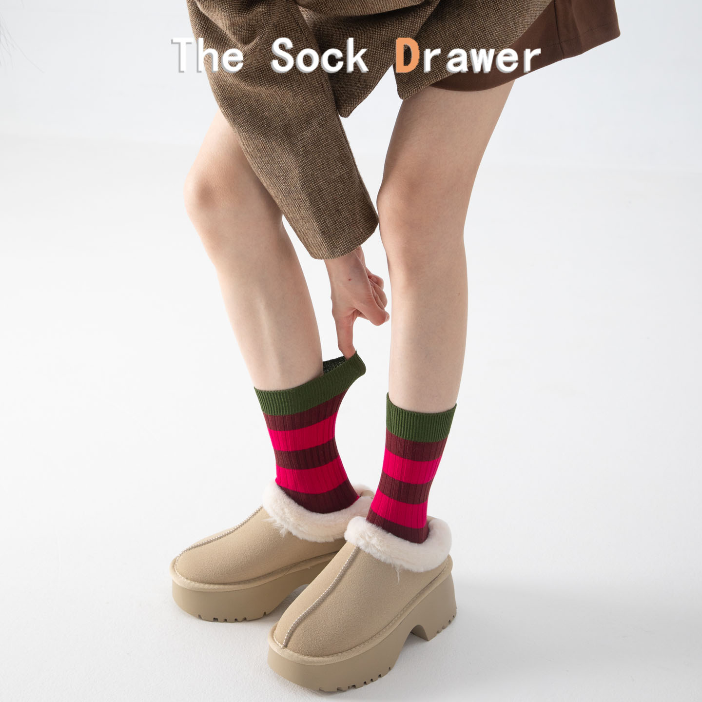 秋冬款袜子女士中筒韩版撞色横杠绿色双针双路堆堆袜日系学院风