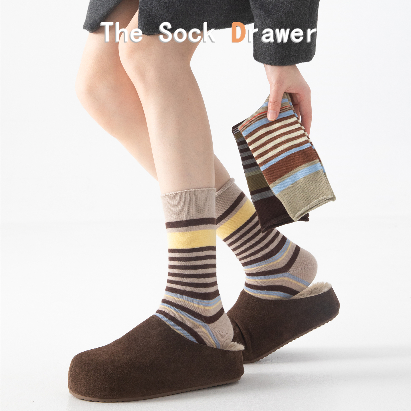 韩国东大门条纹袜子女春秋卷边中筒袜复古拼色百搭ins潮森系长袜