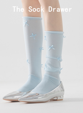 蓝色蝴蝶结小腿袜女夏季薄款洛丽塔甜美长筒袜子纯棉卷边堆堆袜